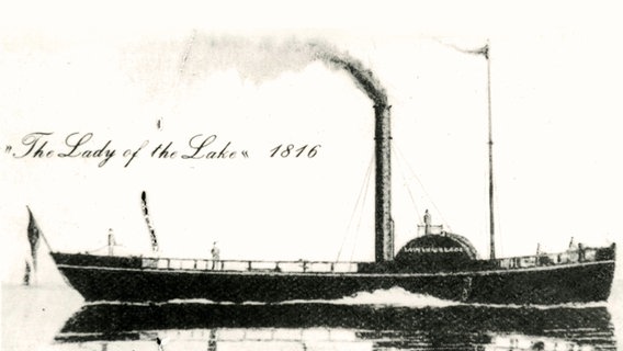 Historische Darstellung der "Lady of the Lake", dem ersten Dampfschiff,  das die Elbe befuhr © Stadtarchiv Cuxhaven / Repro. E. Hein, Cuxh., Vorl. Siersdorfer, Essen 