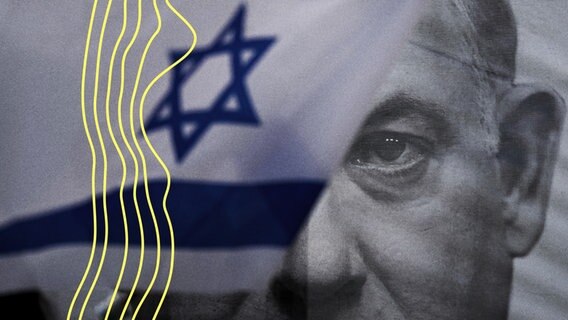 eine israelische Flagge bedeckt das halbe Gesicht von Premierminister Benjamin Netanjahu. © picture alliance / ASSOCIATED PRESS Foto: Ariel Schalit