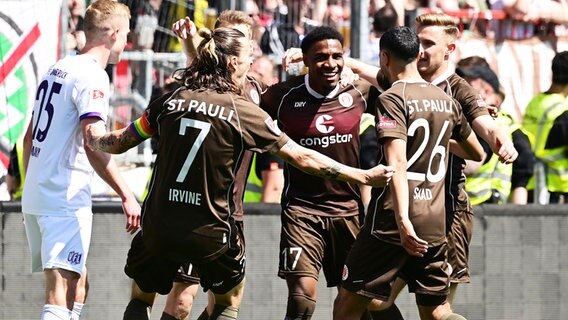 Spieler des FC St. Pauli bejubeln einen Treffer. © Witters/ValeriaWitters 